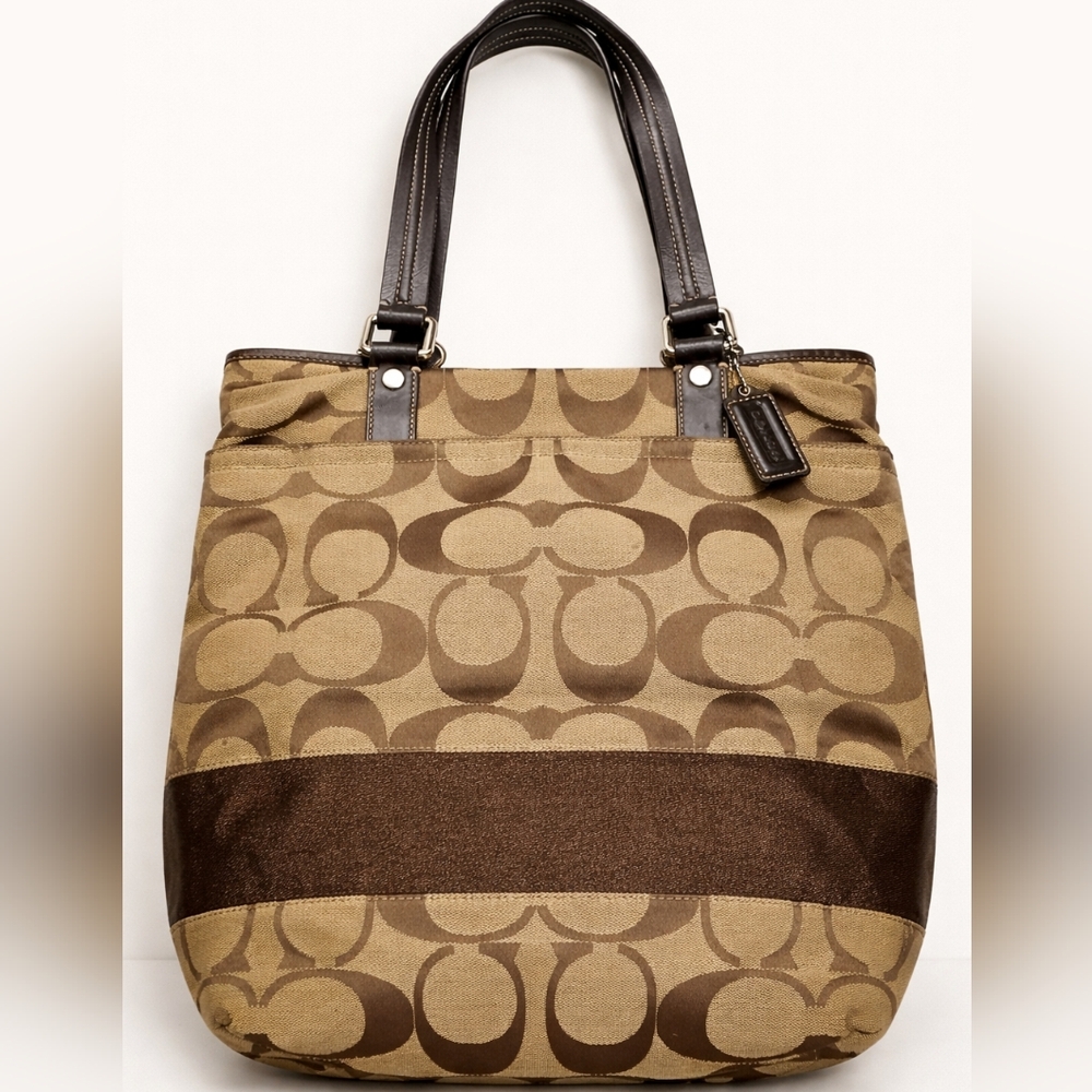 Coach Signature Canvas Tote Bag Brown Tan Leather Trim Lg Shoulder Bag Classic